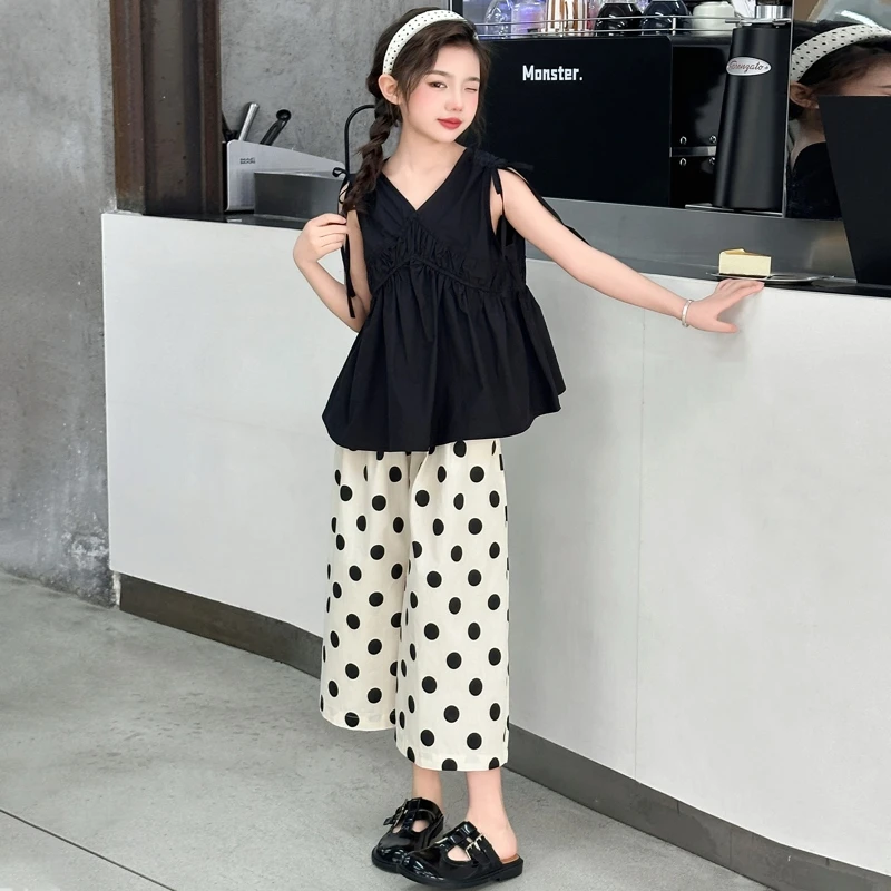 女童套装夏季2025新款洋气小女孩背心娃娃衫夏装中大童波点两件套