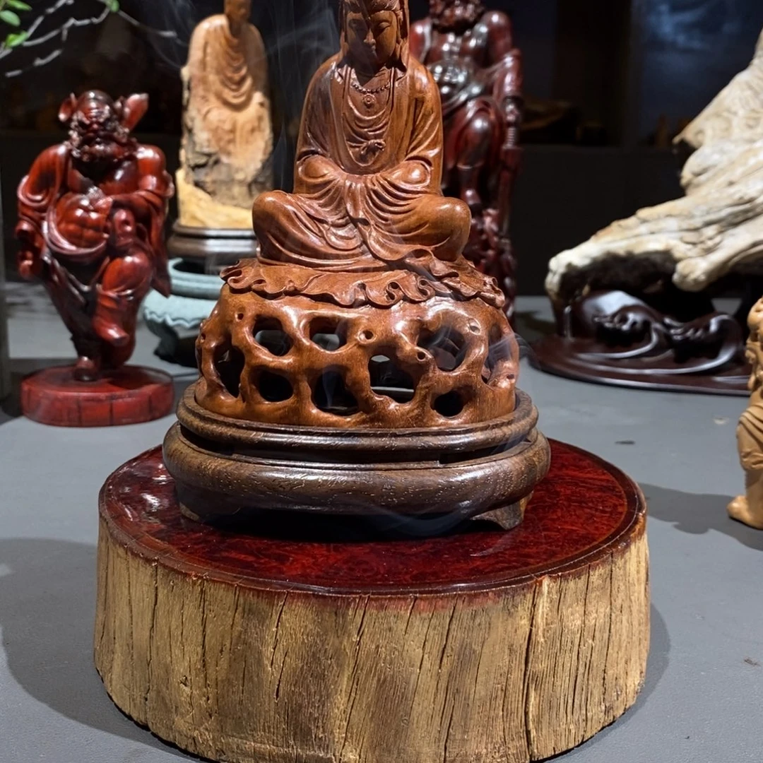 用***4荔枝木老料观音摆件香炉