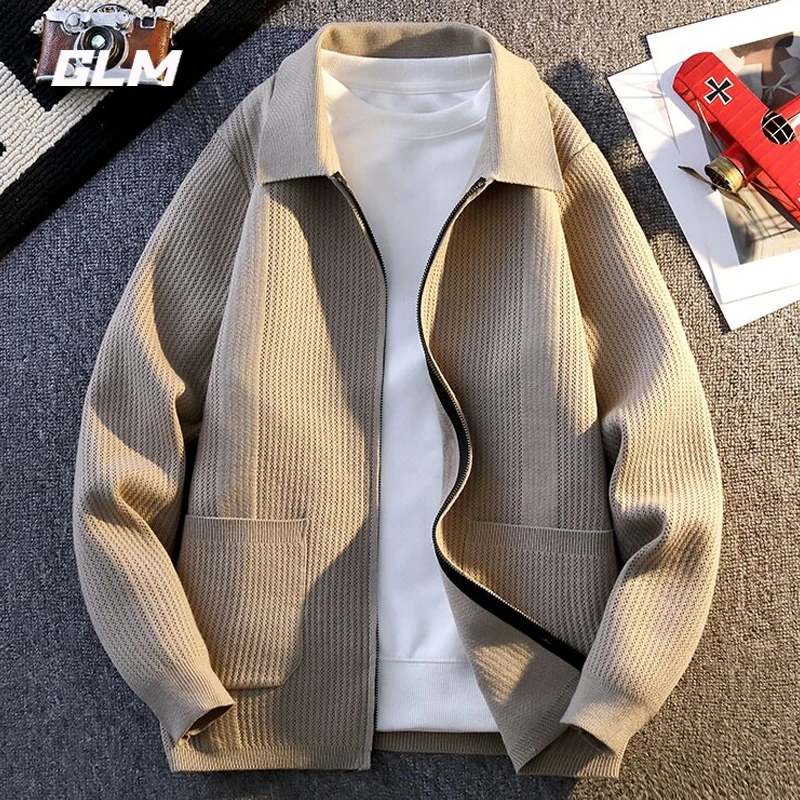 GLM翻领针织外套男春秋季潮牌纯色提花休闲青年百搭慵懒开衫毛衣