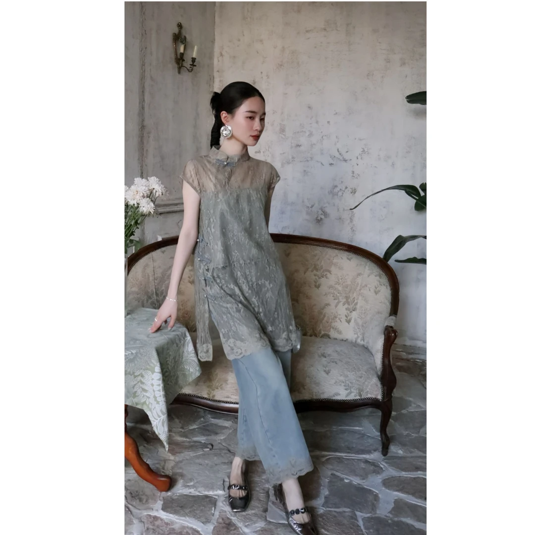 HELA AOMI“中式牛仔”国风盘扣蕾丝上衣直筒牛仔裤套装CY5BC40534