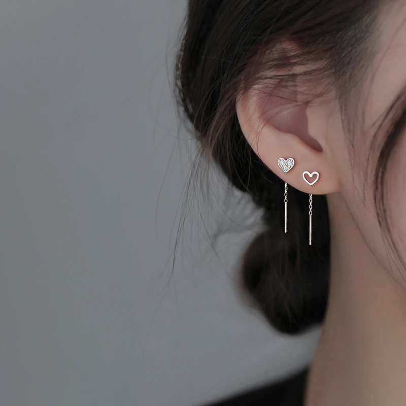 925银合成锆石耳饰 纯银不对称爱心耳线设计感小众耳钉气质耳环女