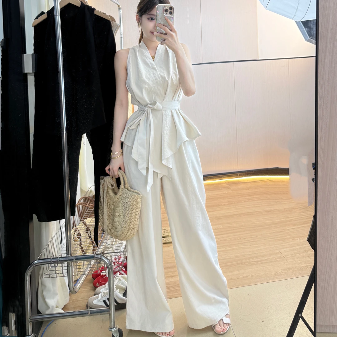 X1018#INS风夏季新款时尚气质无袖上衣绑带阔腿裤套装