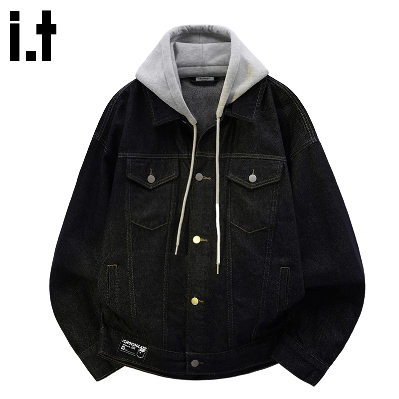i.t:CHOCOOLATE假两件水洗连帽牛仔夹克男士秋冬新款潮流百搭外套