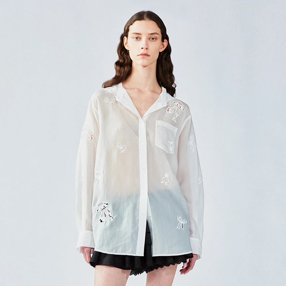 UOOYAA/乌丫2025夏季新款「我爱我家」镂空绣花连帽遮阳衬衫4186