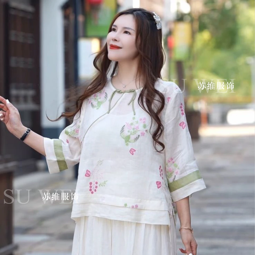 8396夏季苎麻刺绣流苏衬衫宽松圆领拼接国风上衣