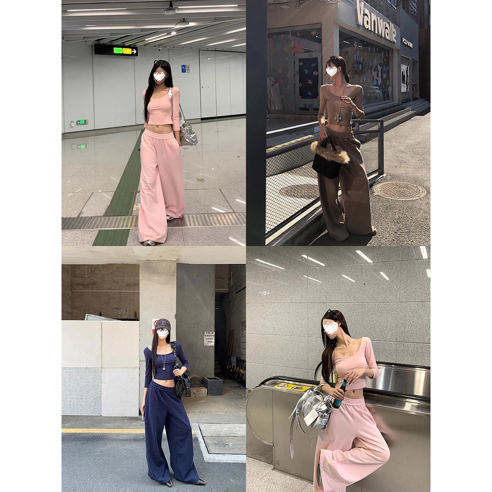 修身打底衫女早秋氛围感穿搭短款t恤+韩系阔腿长裤套装 60815