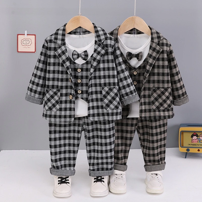 《浩哥童装》西装 9800领结小格子西装三件套童装春秋帅气韩版