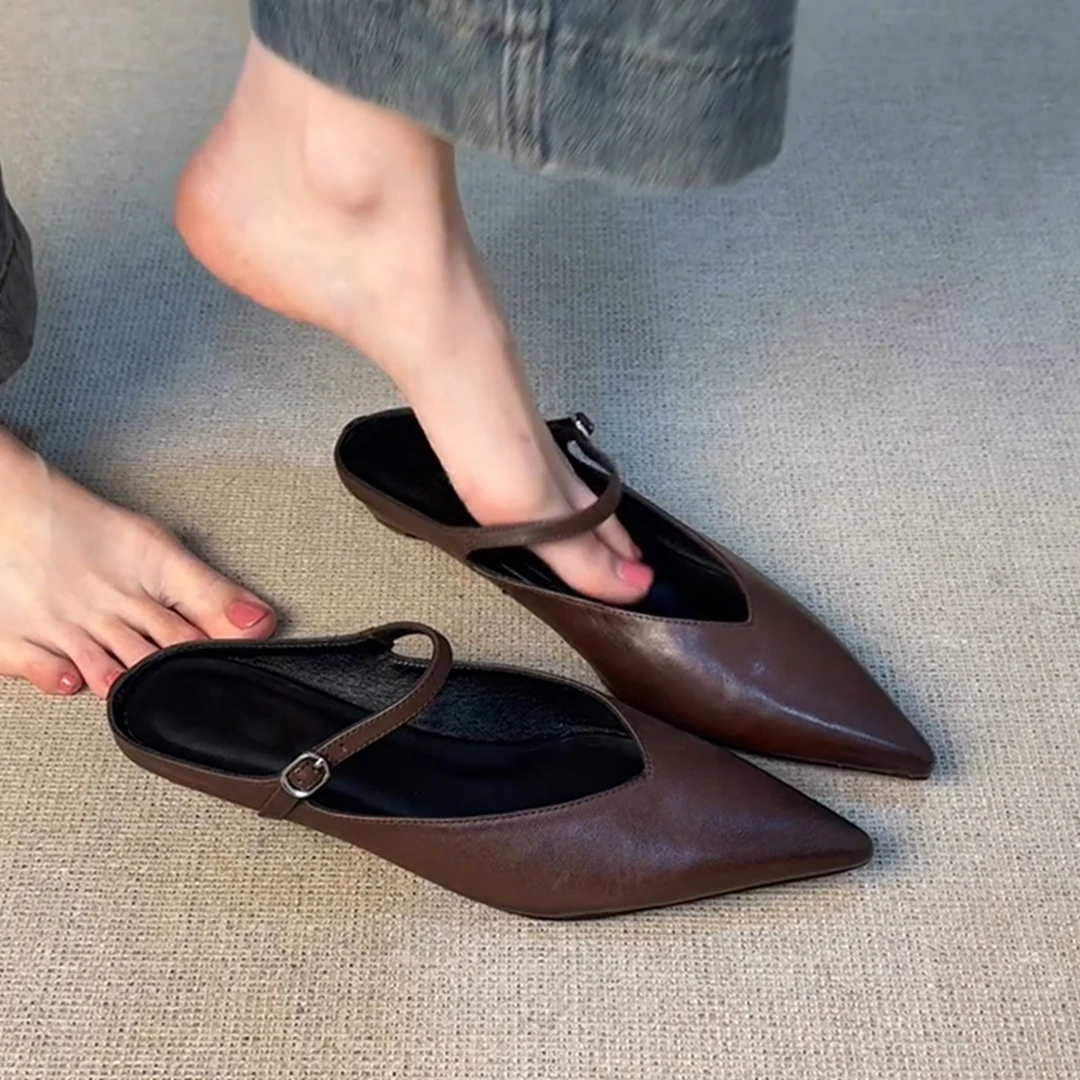 外穿搭一脚蹬简约半拖鞋复古包头鞋女一字带V口尖头凉拖百