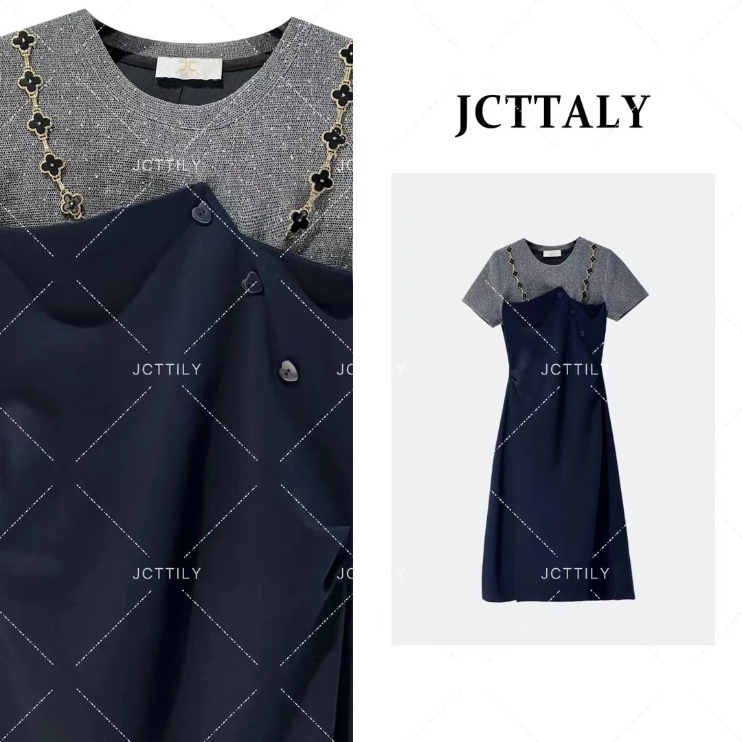 【茶茶】拼接百搭气质复古链条设计款休闲显瘦连衣裙JC-A2893短袖