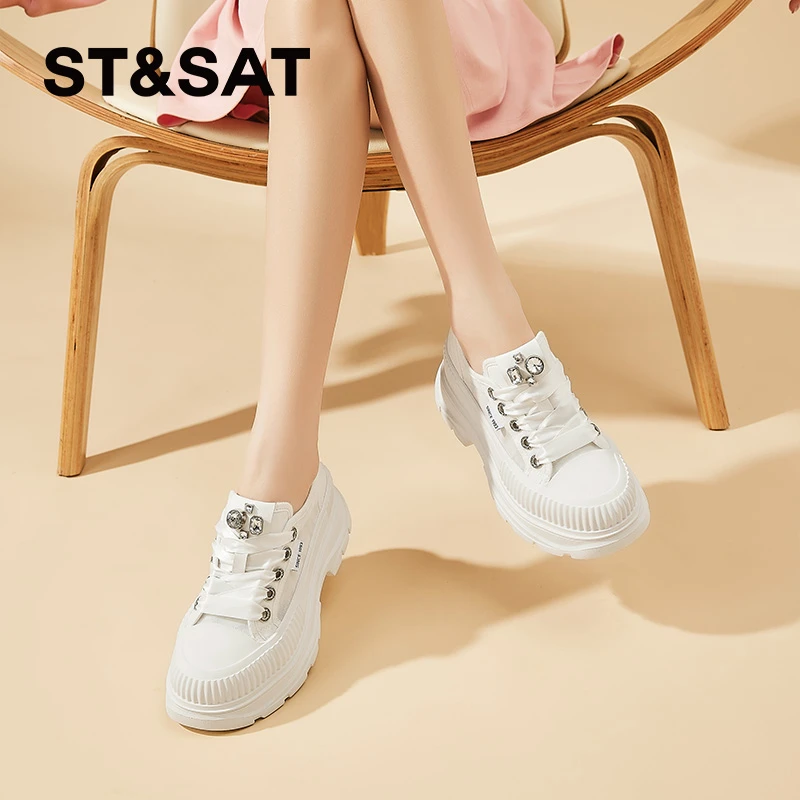 星期六基础百搭小白鞋女士春秋厚底增高单鞋水钻极简风时尚休闲鞋