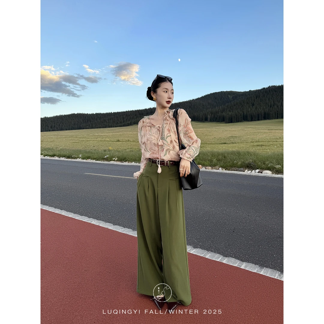 鹭青一原创【麦希】复古压褶设计垂感宽松直筒西装裤L25K7558B