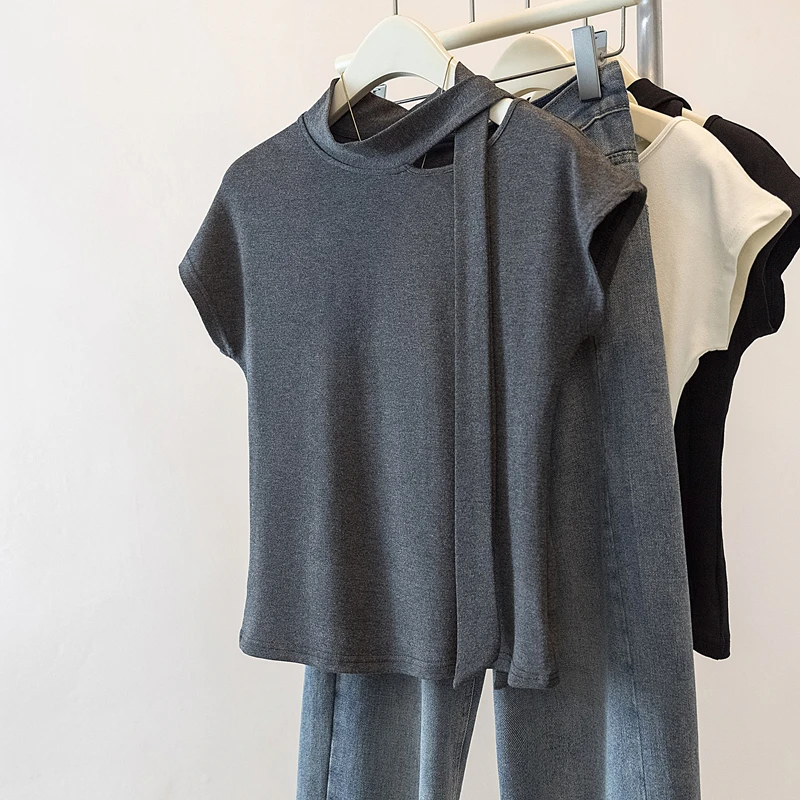 设计感系带短袖T恤女春夏新款纯色气质百搭飘带露肩显瘦弹力上衣