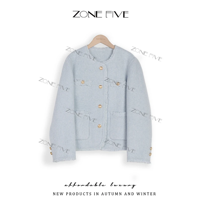 【zonefive】小香风圆领短款毛呢外套双面羊毛外套设计师款8072