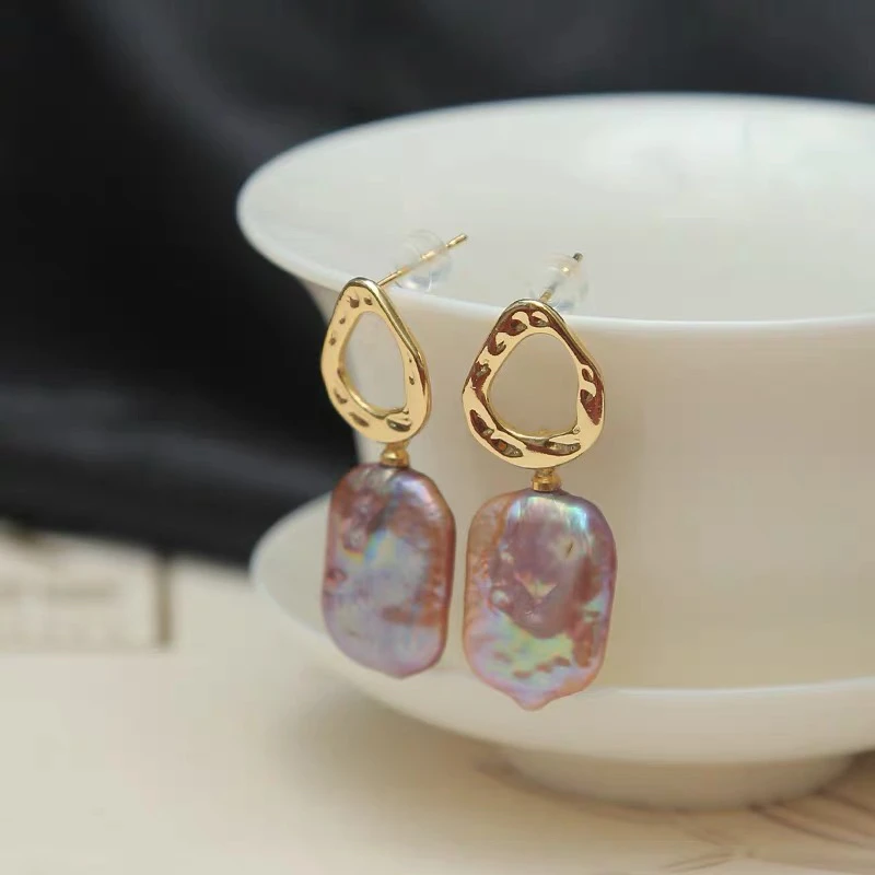 巴洛克珍珠耳环紫色复古气质异形淡水珍珠设计感耳钉耳饰