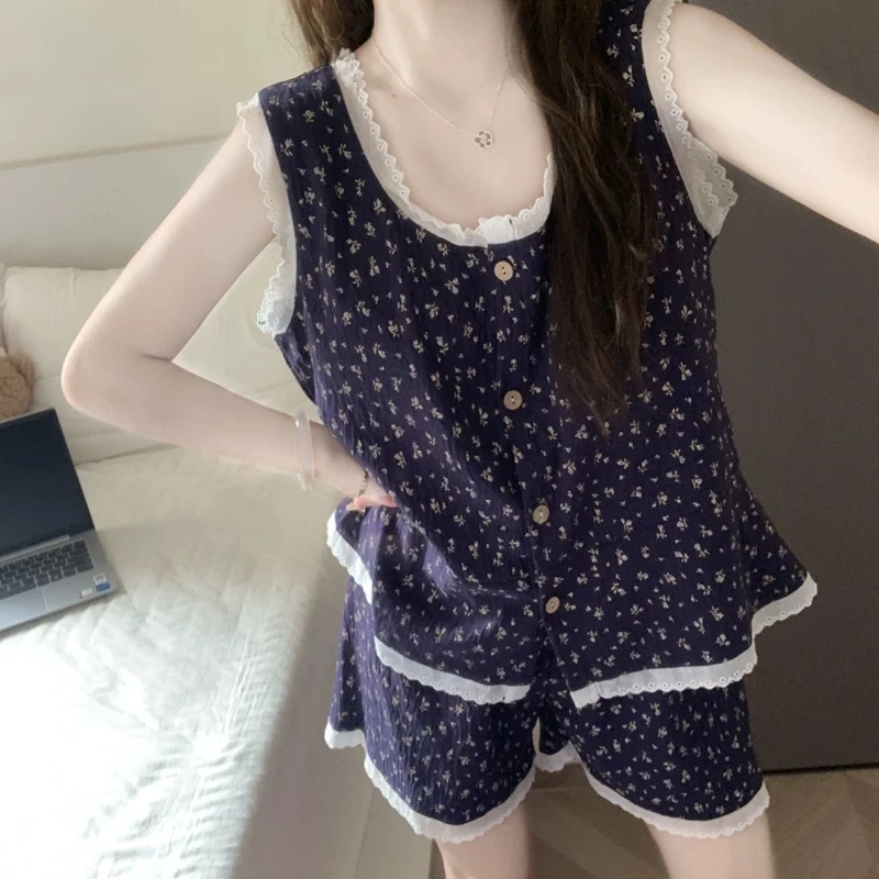 带胸垫睡衣女款夏季云朵棉甜美小碎花吊带短裤背心外穿家居服套装