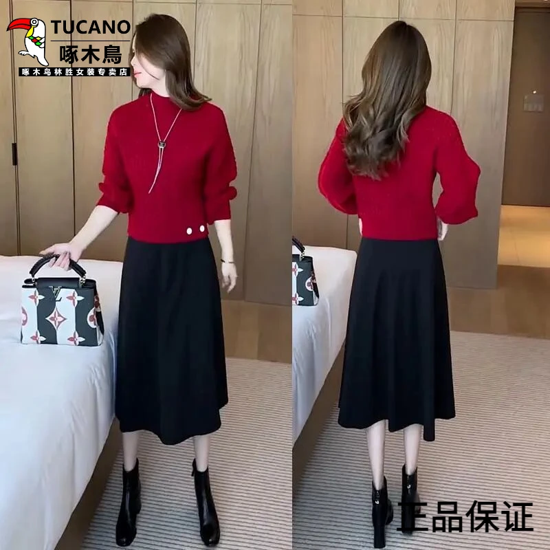 啄木鸟时尚洋气套装女2025春秋冬新款加厚毛衣毛呢半身裙气质显瘦