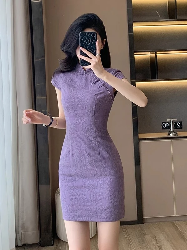 紫色新中式提花改良旗袍裙女夏季新款款小个子国风漂亮收腰连衣裙