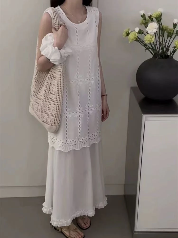 韩系文艺花边刺绣镂空无袖背心连衣裙+头绳-0011