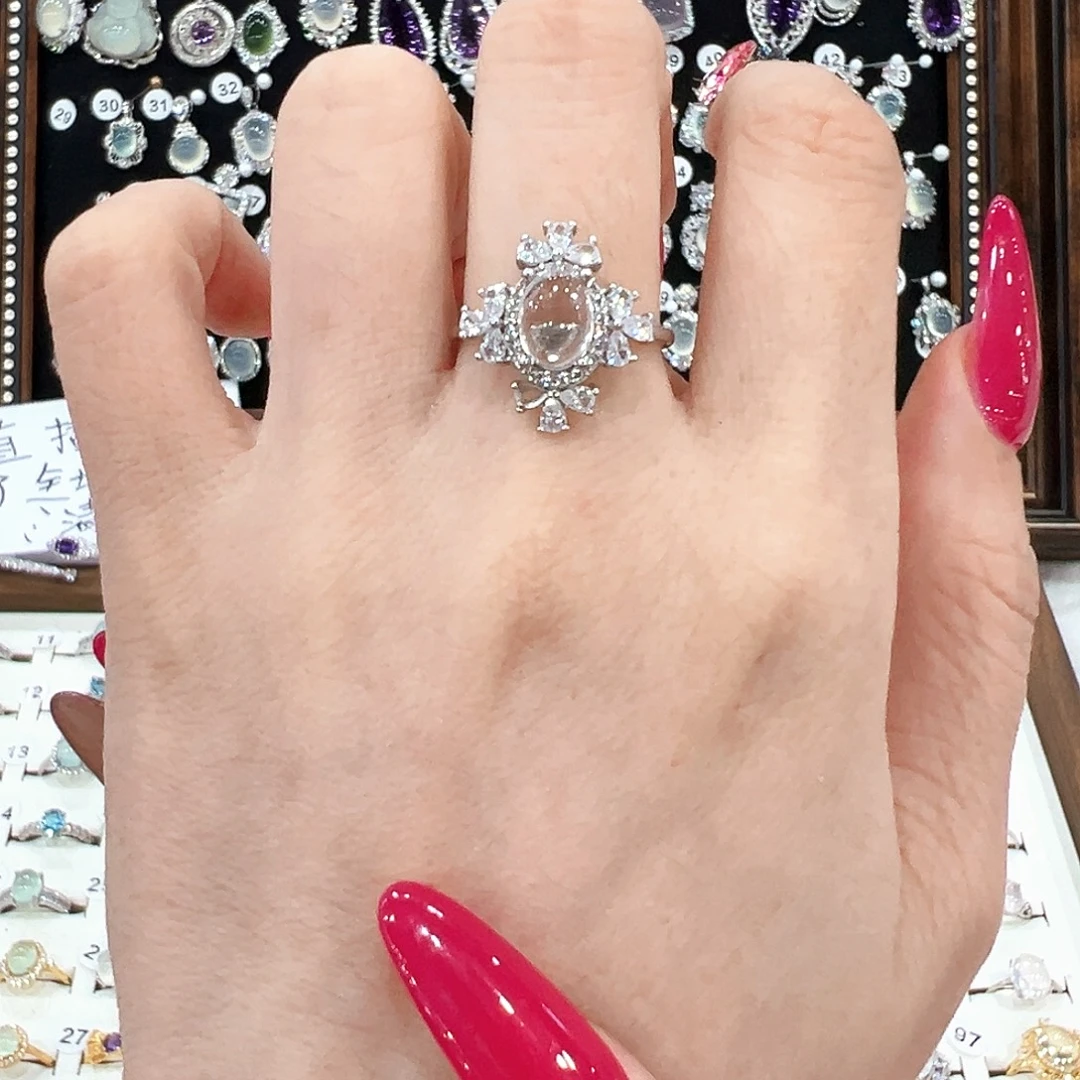 蛇纹石玉银S925镀金镶嵌戒指