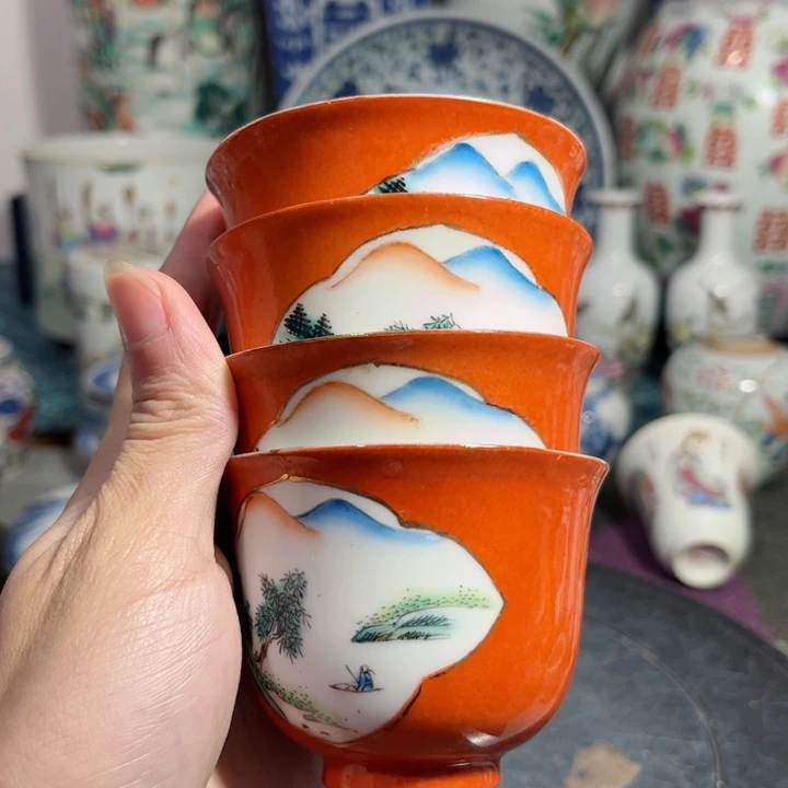 摆件矾红描金茶杯123