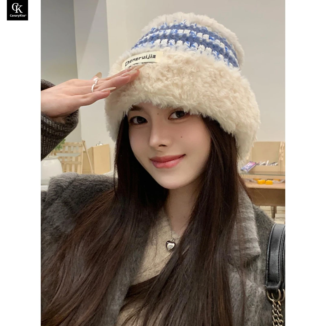 CanaryKiss毛绒绒帽子女针织渔夫帽女秋冬可爱防寒保暖毛线针织帽
