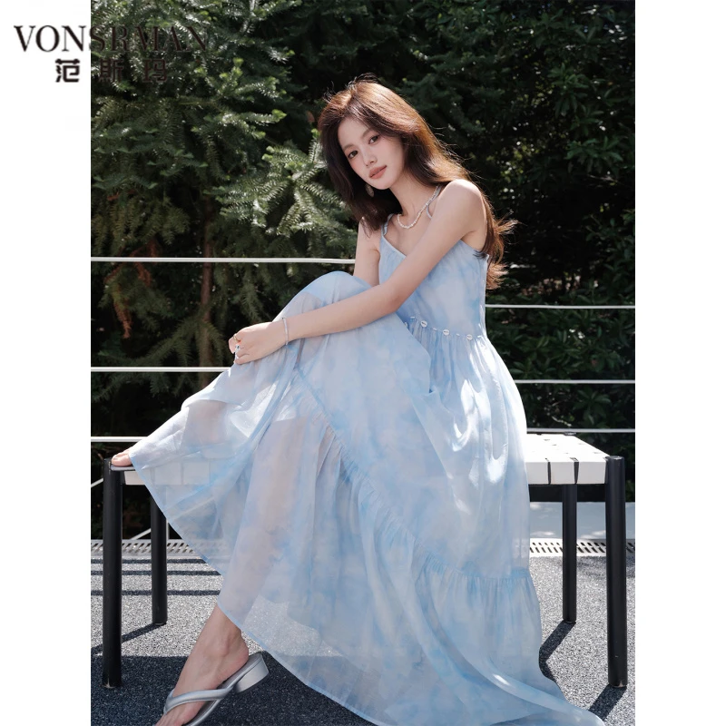 2025新款时尚气质法式晕染风贝壳钉珠吊带连衣裙女夏海 VONSRMAN