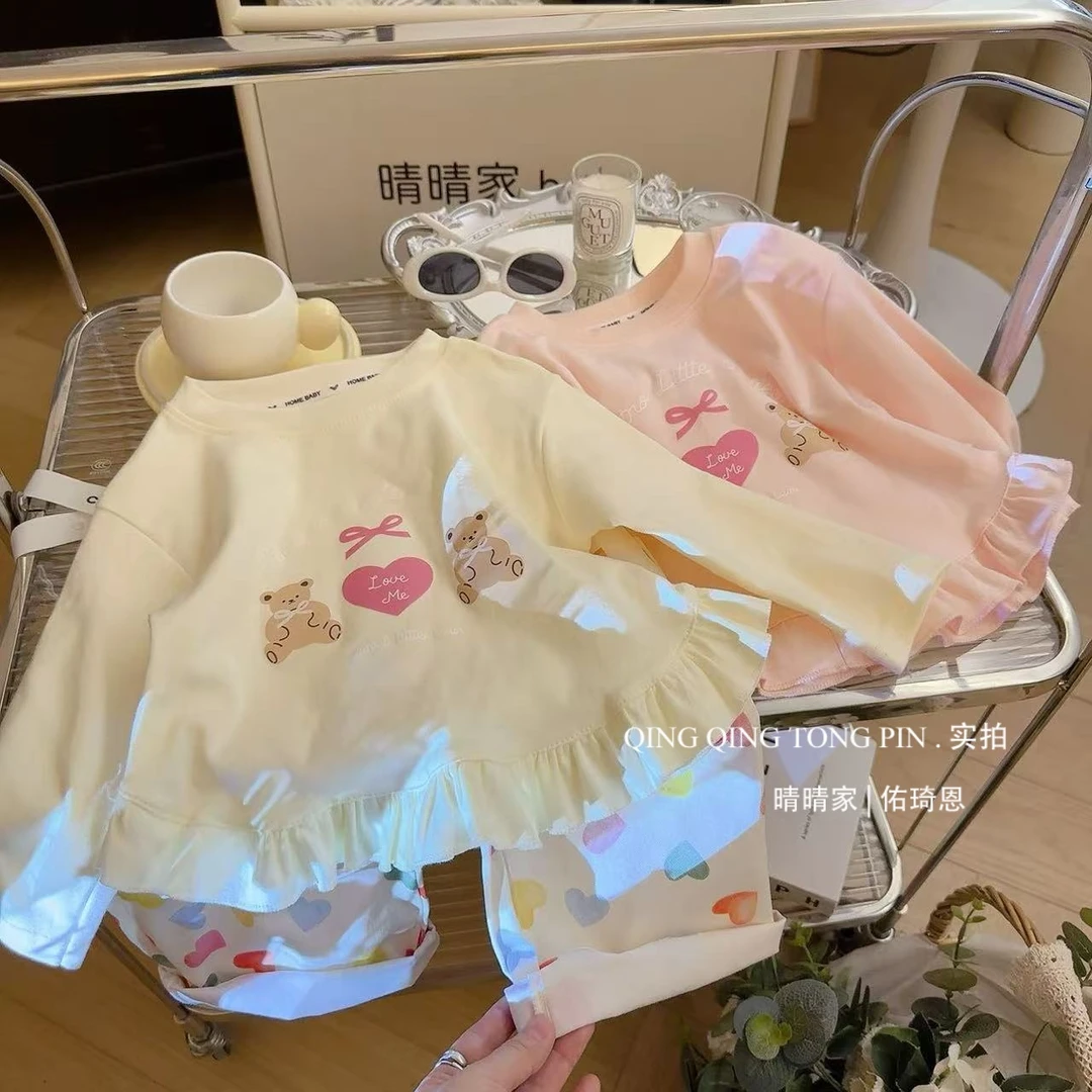 女童2025秋季新款韩系甜美小熊花边打底衫