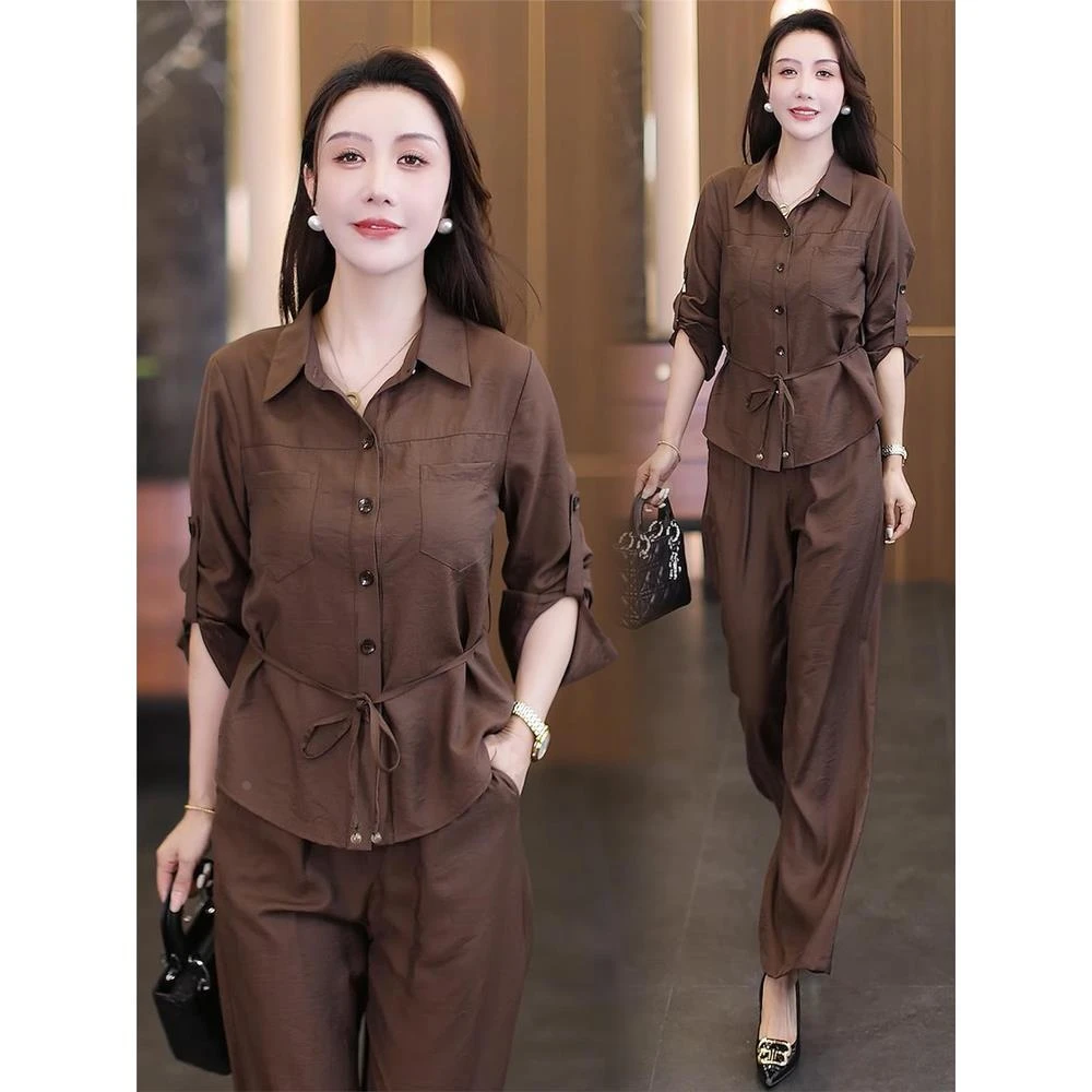 时尚套装女2025秋季新款洋气显瘦减龄设计感长袖衬衫阔腿裤两件套