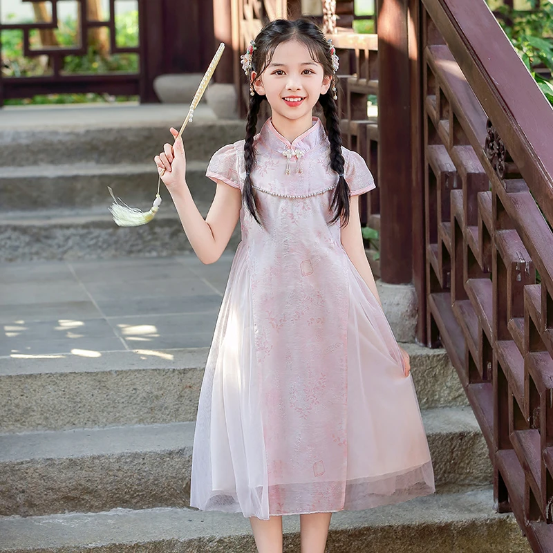 古风旗袍女童夏季连衣裙2025新款国风汉服新中式纱裙六一表演服装