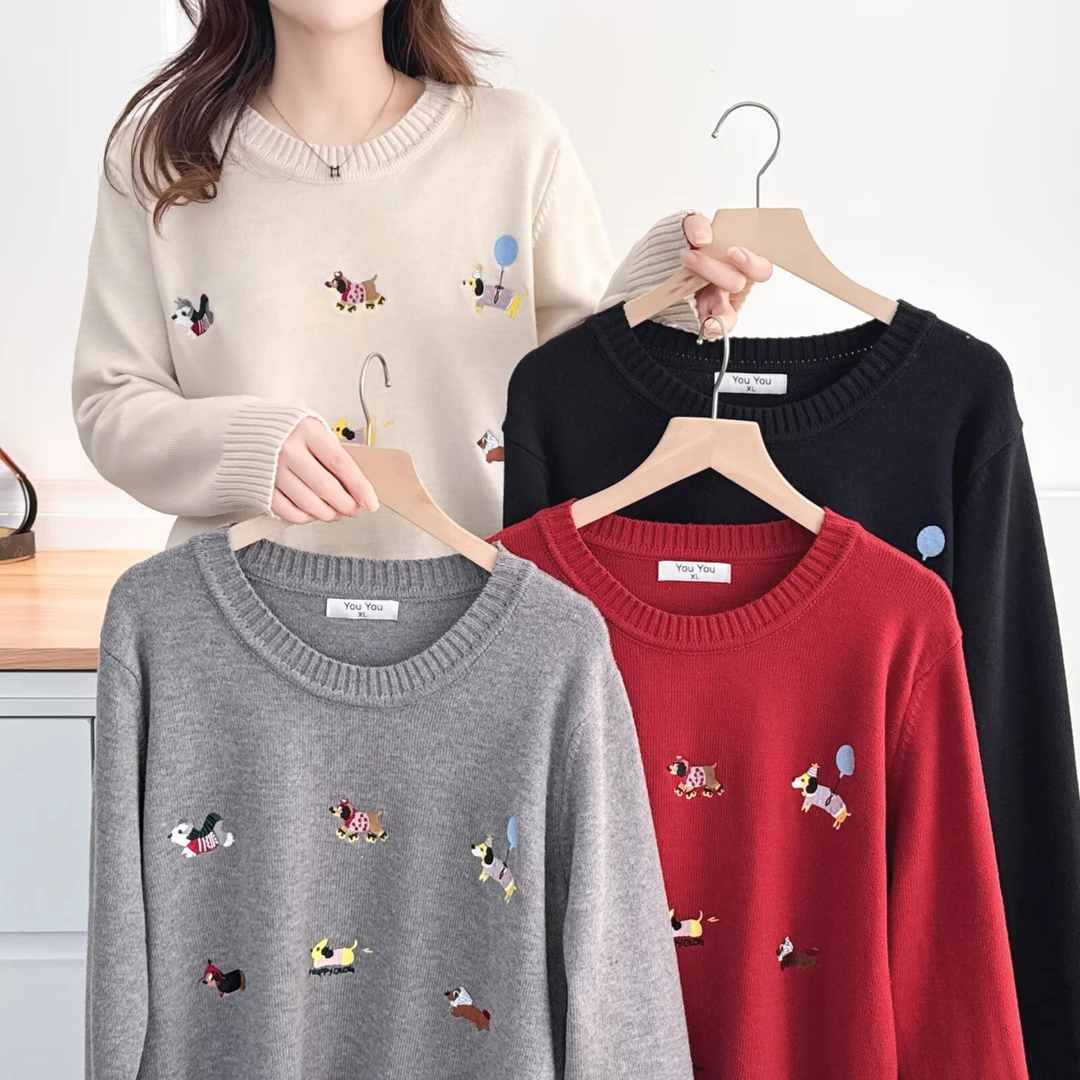 大码女装冬季新款时尚休闲宽松百搭舒适保暖圆领小狗针织衫5050