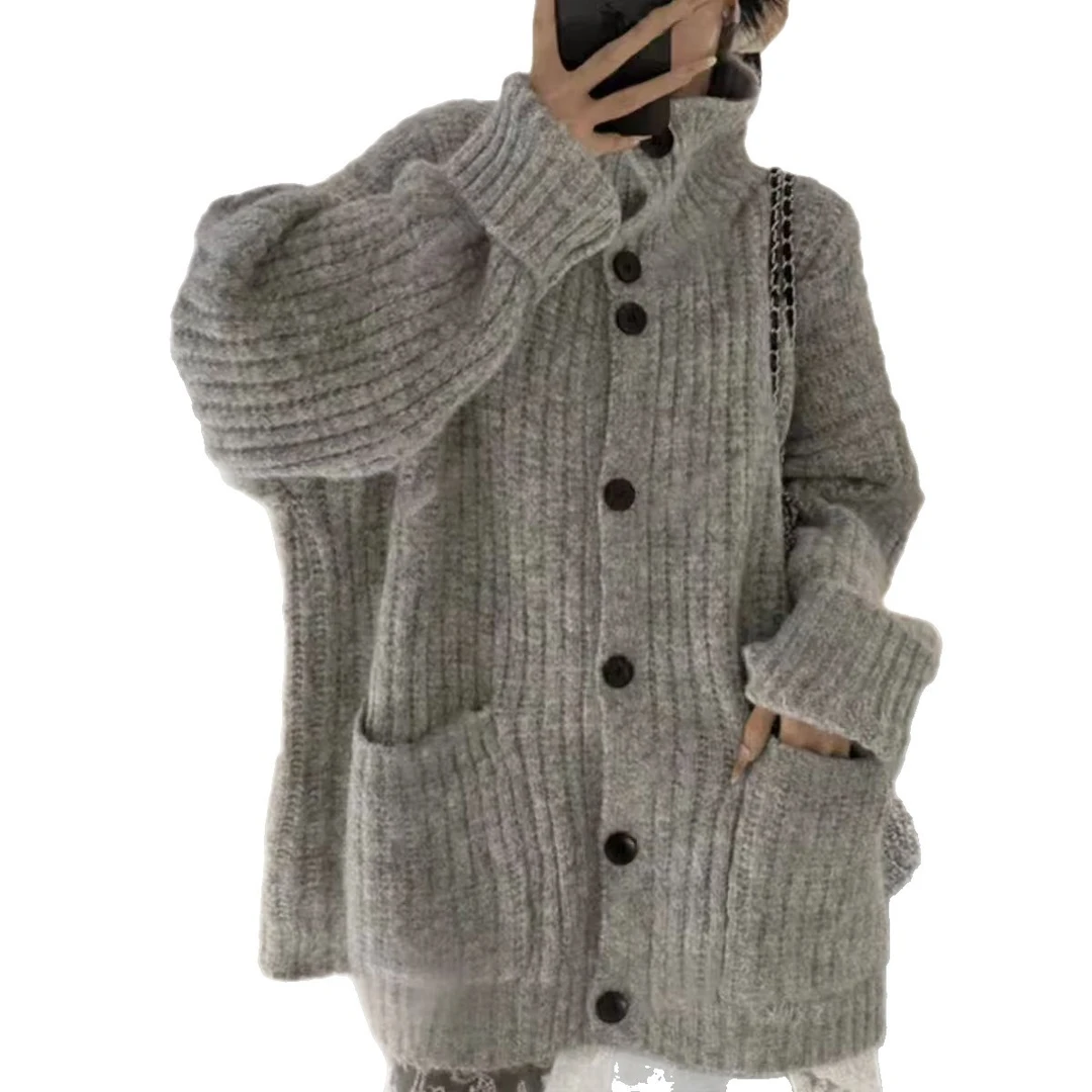 韩系穿搭慵懒风翻领毛衣秋冬新款高级感宽松软糯针织开衫上衣外套