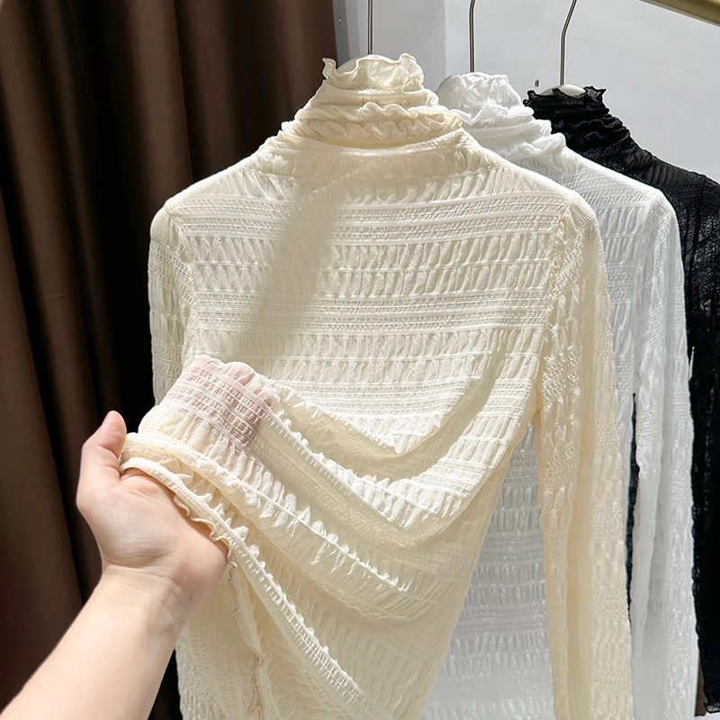 高档堆堆领网纱长袖打底衫女洋气内搭木耳边透视蕾丝小衫薄款上衣