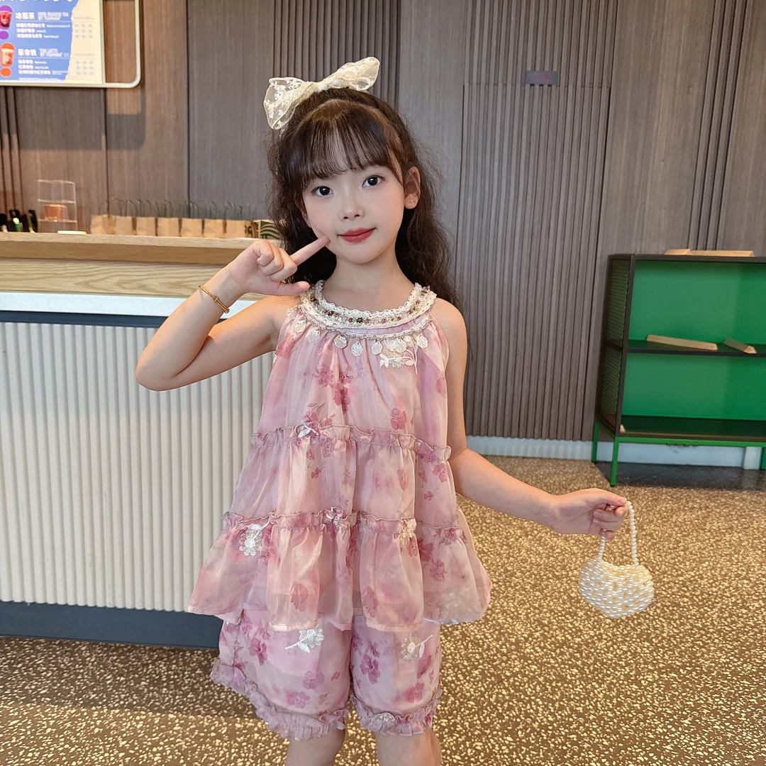 2025女童度假风甜美套装背心+短裤2件套 女宝宝凉快透气套装