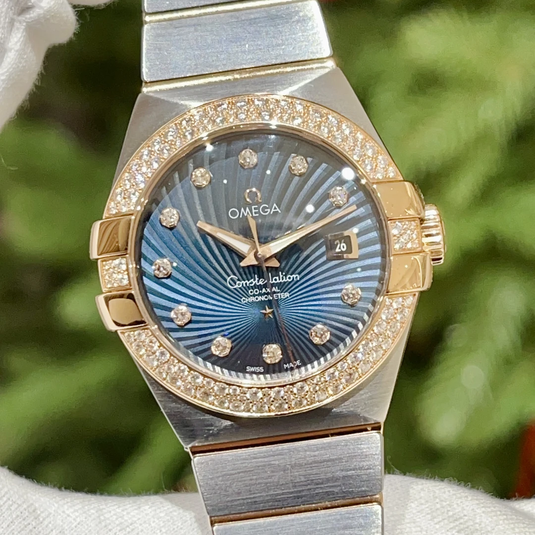 99新 Omega/欧米茄 星座31盘原镶雪花钻间红金自动机械女表