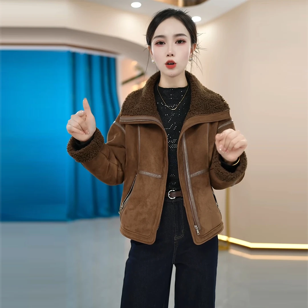 妈妈装冬季休闲皮毛一体外套女短款洋气时尚加厚保暖毛领夹克上衣