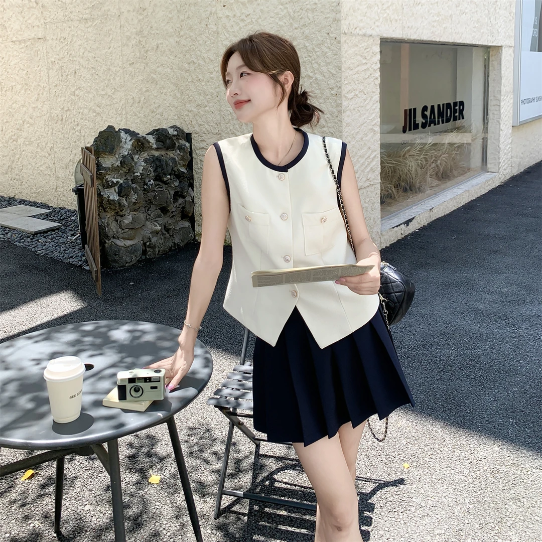 法式撞色小香风马甲套装女2025夏季新款气质高级感百褶短裙两件套