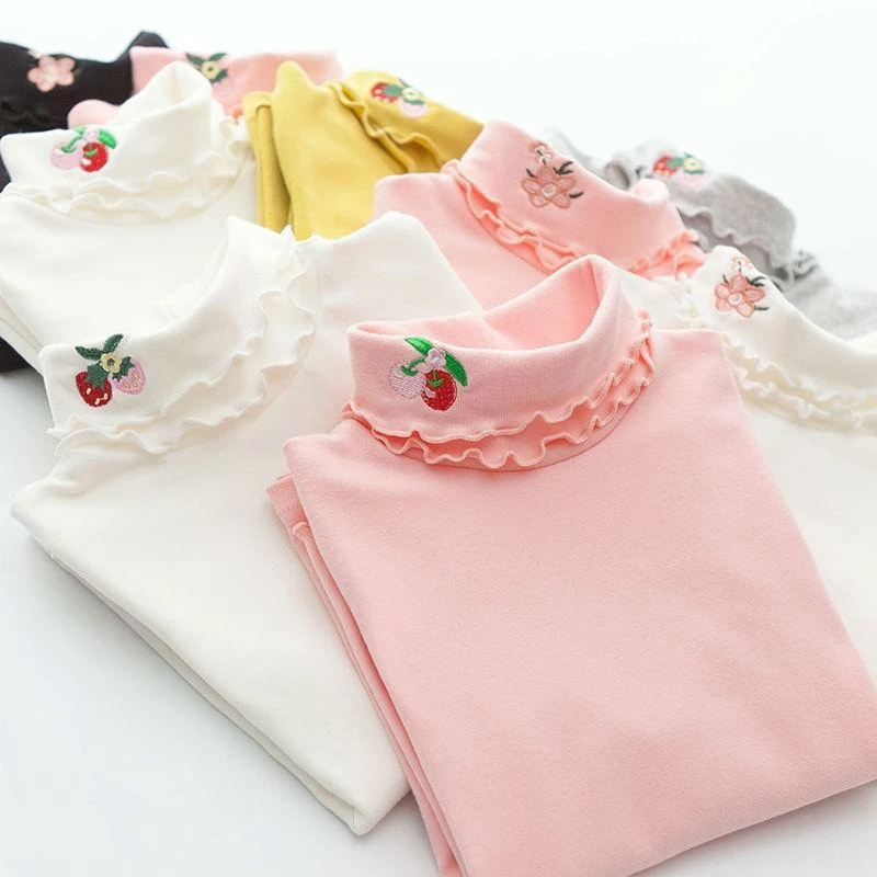 春秋女童装打底衫宝宝洋气儿童个性潮牌韩版刺绣高领花边樱桃上衣