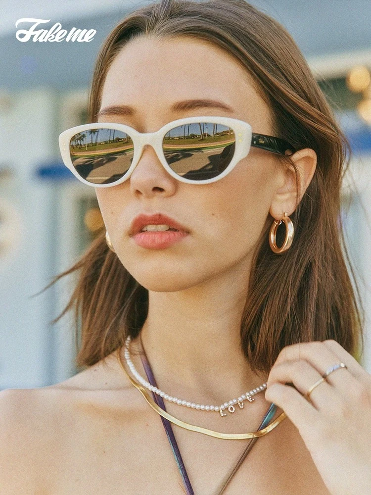 Fakemeins夏季白色墨镜韩版太阳镜T纯色女士珍珠猫眼