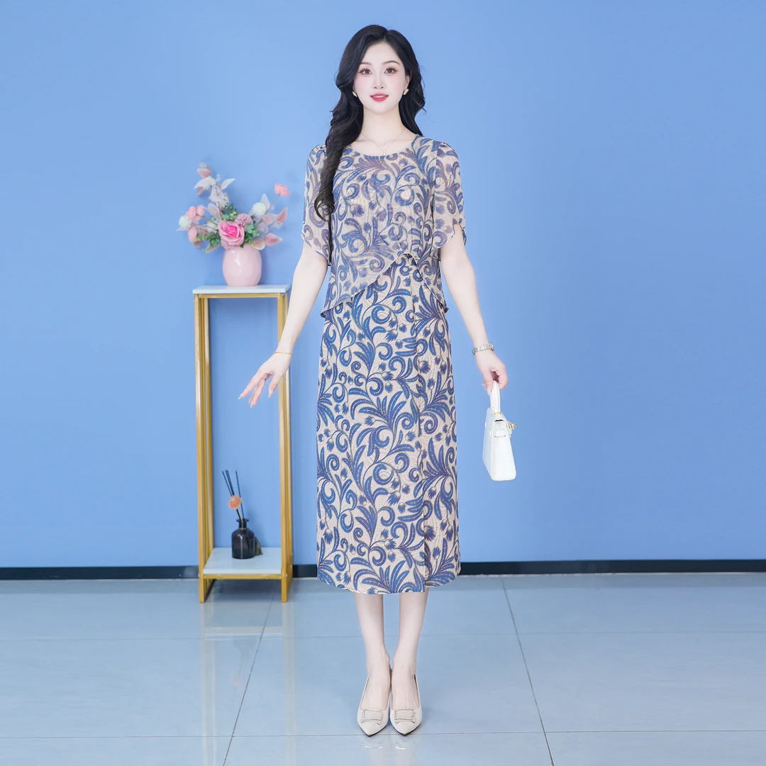 【SJYH1296】2025年夏季新款连衣裙中长款气质收腰印花修身女装