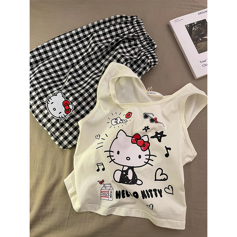 【kitty印花】韩系可爱清纯背心睡衣女夏季新款格纹短裤家居服套装