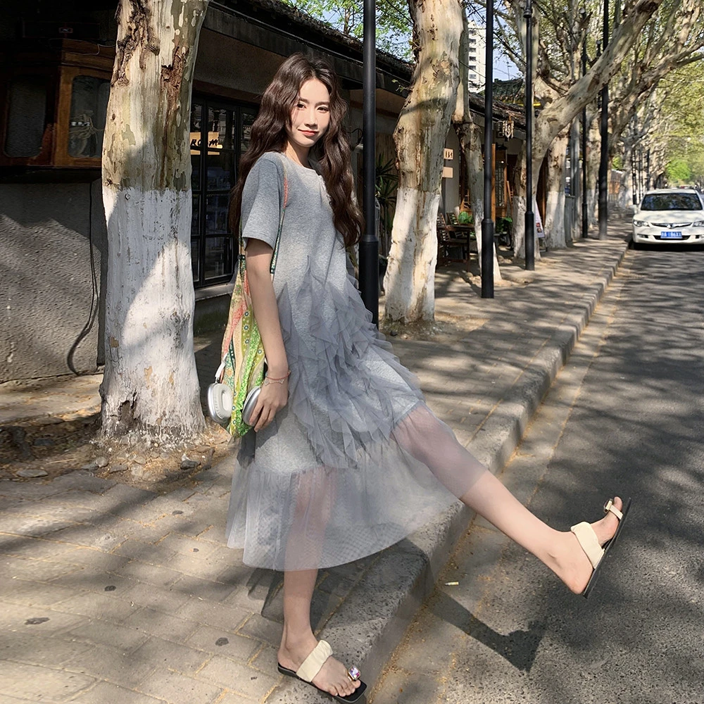 甜美设计感网纱拼接T恤连衣裙女2025年夏季新款宽松显瘦直筒长裙