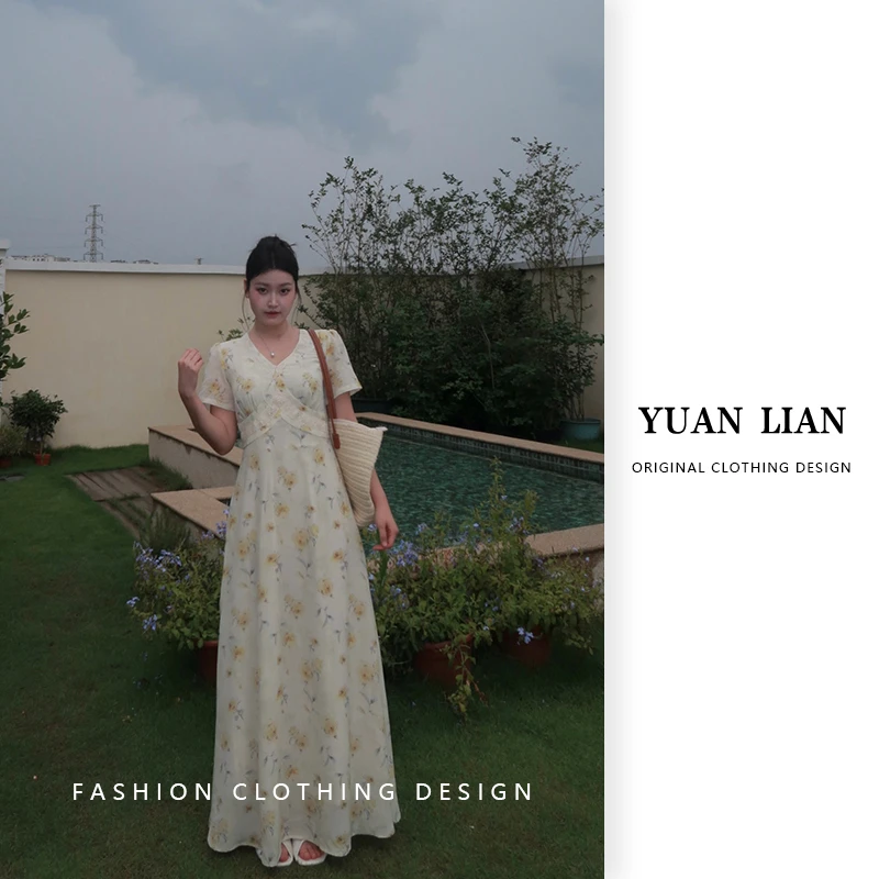 ZOZ糕冷圆脸【黄玫瑰】碎花连衣裙时尚裙子气质优雅A字连衣裙