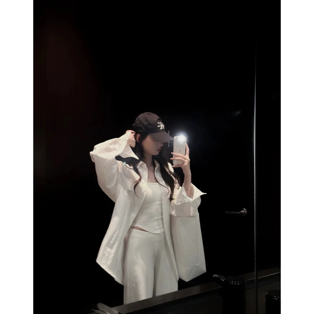 IN MIMIFACE 白色翻领长袖衬衫女春季防晒外套百搭简约薄外穿上衣