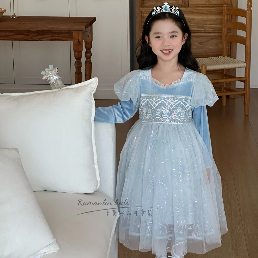 【现货】爱莎公主裙3-6岁生日裙长款生日礼服斗篷女童连衣裙艾莎裙