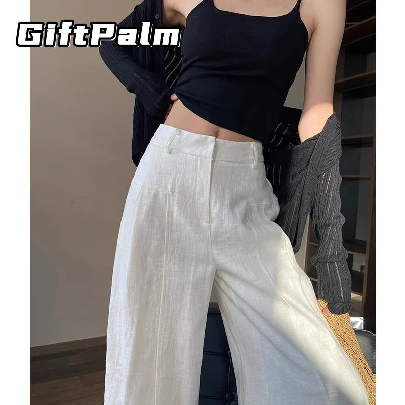 GiftPalm时尚阔腿裤女夏季薄款高腰垂感老钱风西装直筒棉麻休闲裤