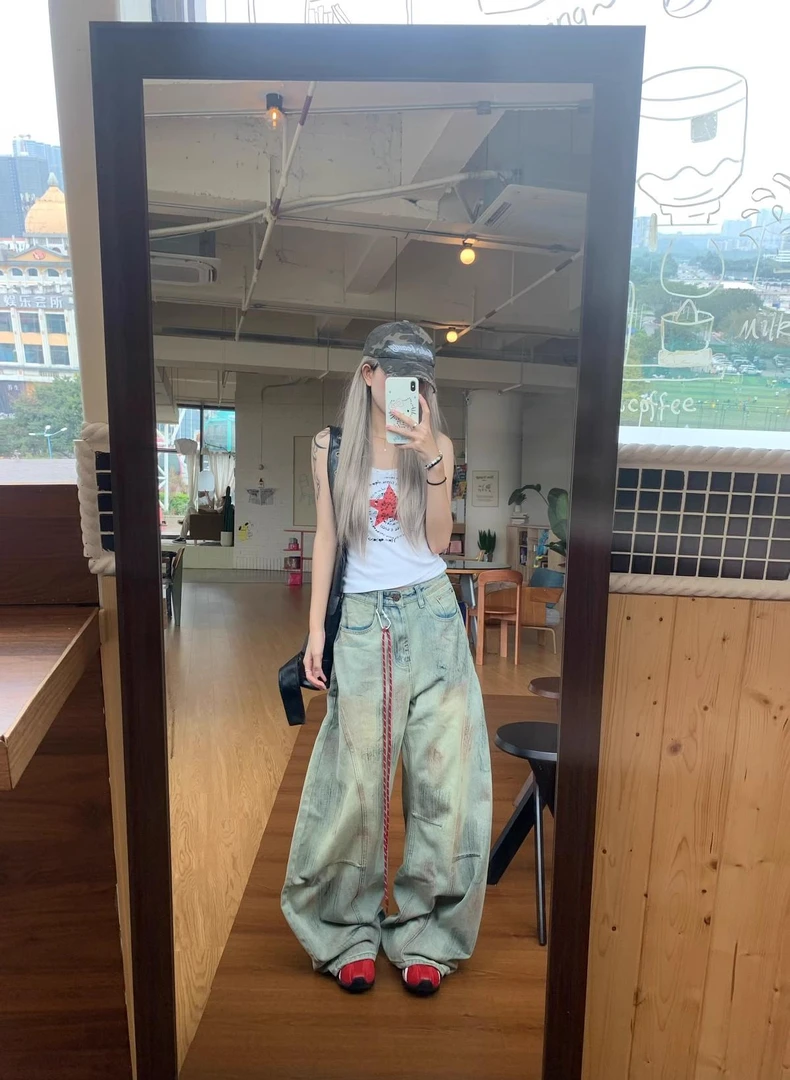 【现货+运费险+送挂绳】美式脏染牛仔裤女设计感高腰宽松百搭阔腿裤