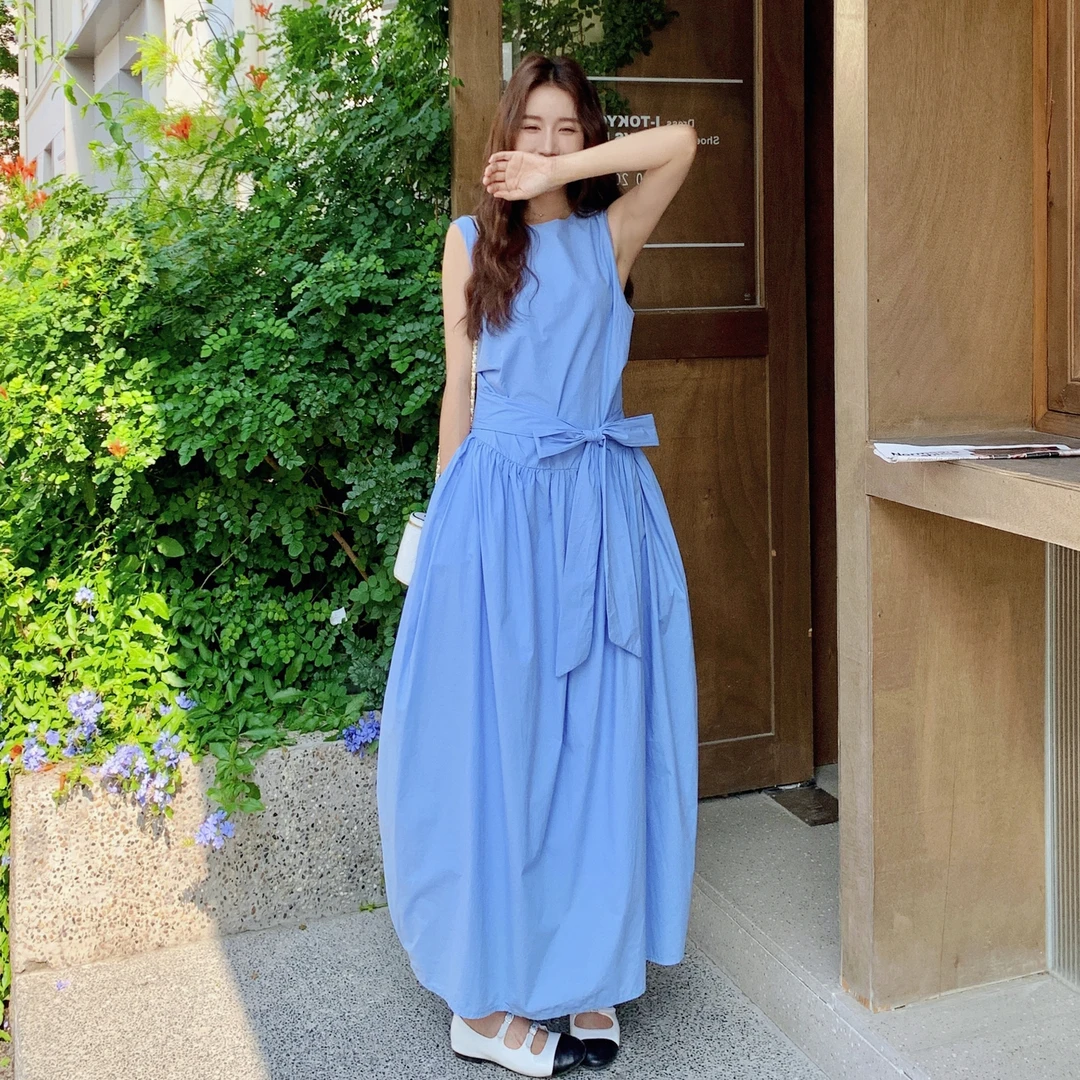 蓝色漂亮绝美收腰绑带花苞背心连衣裙女夏法式超长过膝到脚踝长裙