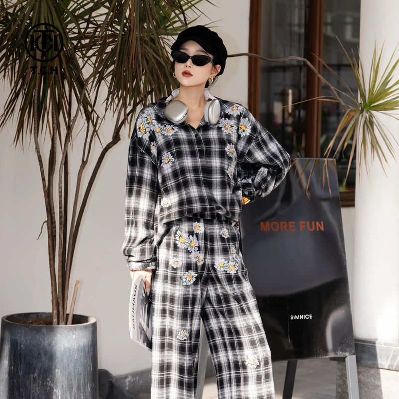 TCH轻奢秋季旅游风烫钻时尚淑女黑白格衬衫T75C13E9007私服tch