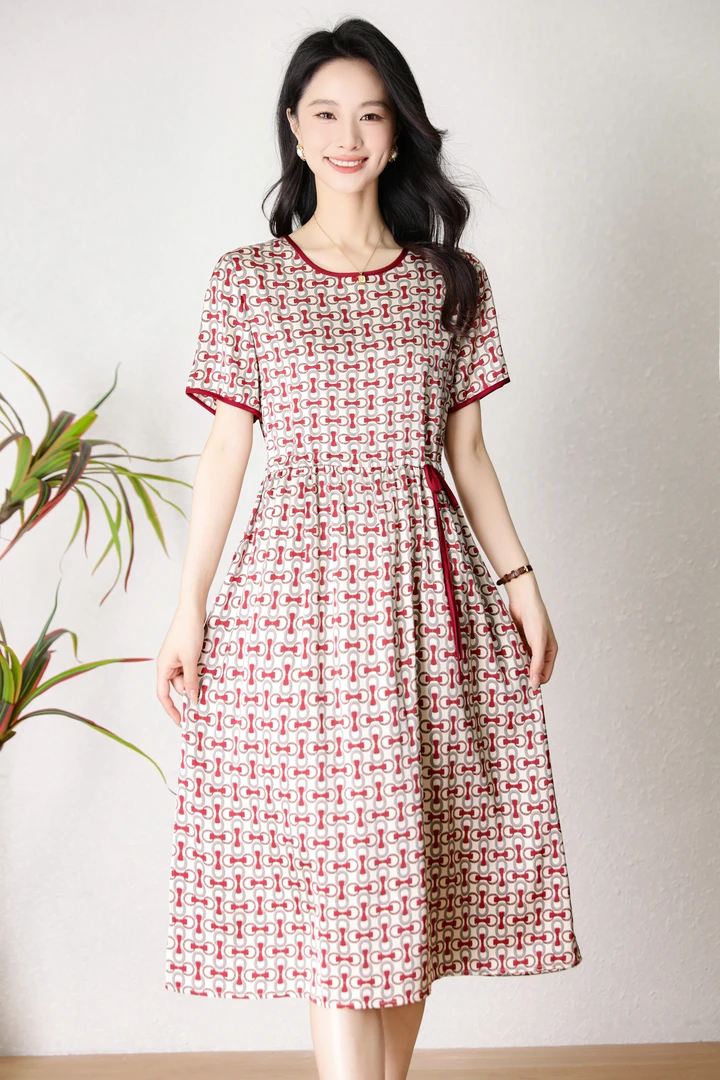 【时装高定款】红链条气质修身时尚夏季印花连衣裙女装大码连衣裙