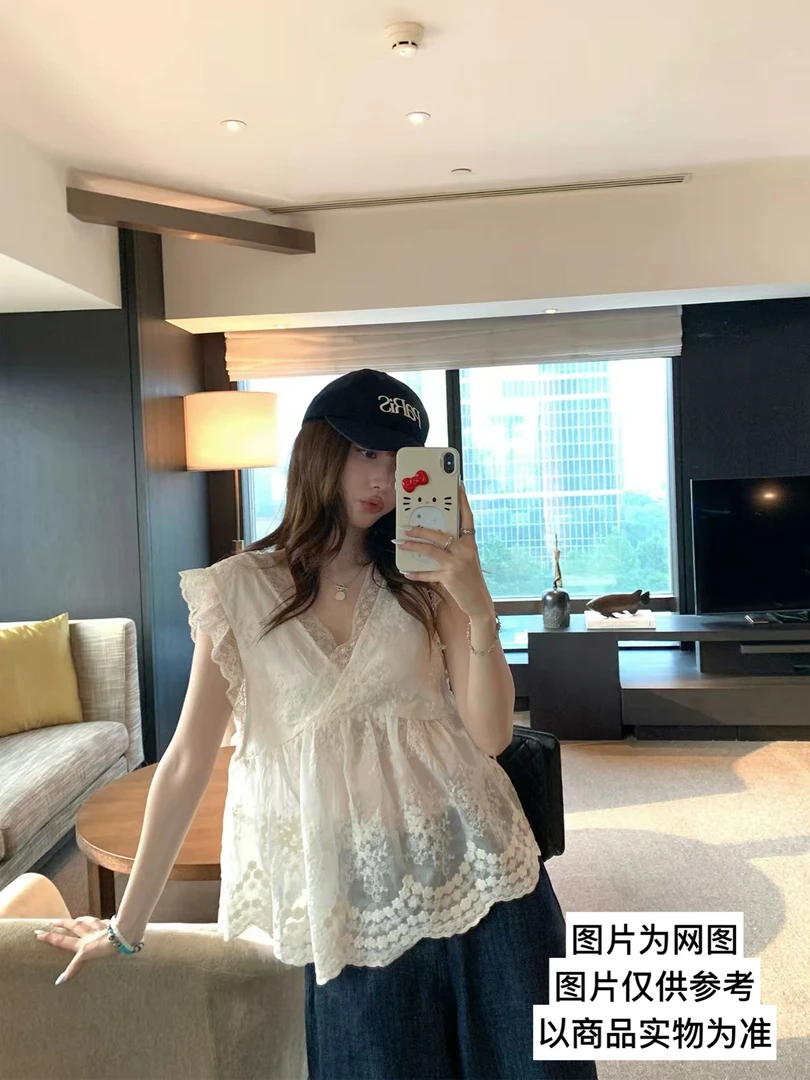 欧货V领宽松型纯色套头无袖蕾丝衬衫背心夏季气质